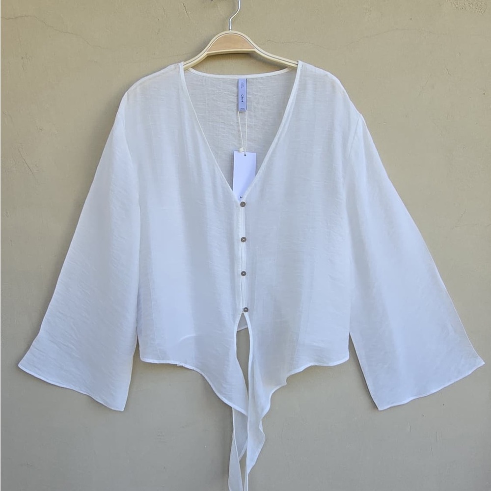 Mango White Tie Front Flared Sleeve Blouse Long Sleeve Boho Chic NWT Sz M #135 - Picture 11 of 14